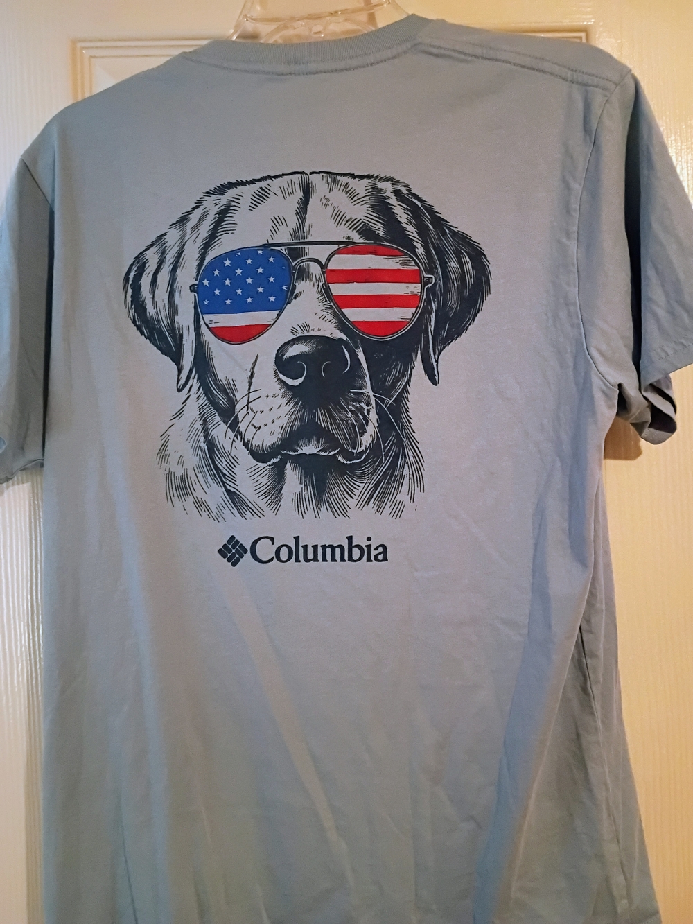 Columbia Light Blue Dog Graphic Tee with American Flag Shades